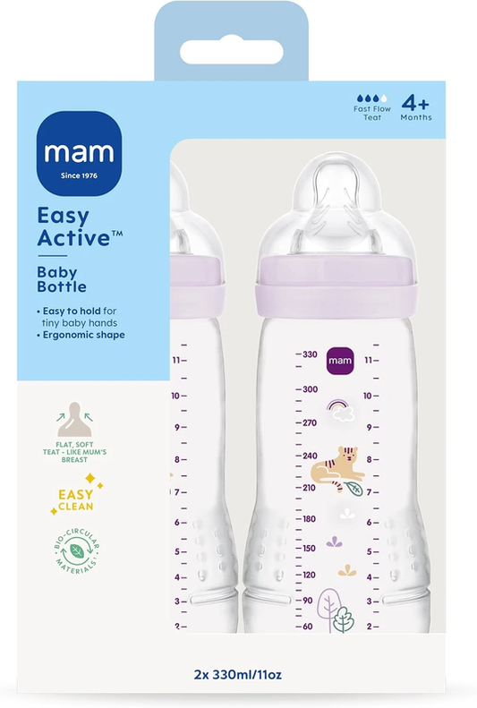 MAM Baby Bottle 4+ Months, Assorted Colors - 330ml Easy Active Bottle Feeding Set for Babies (2 Pack)
