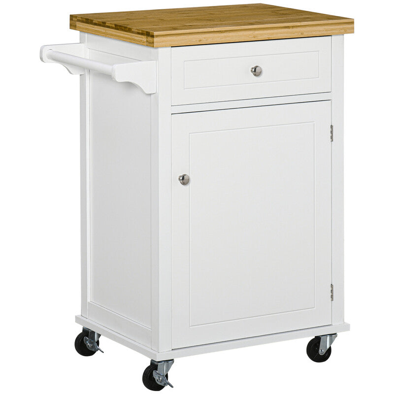 HOMCOM Kitchen Island Cupboard in White & Natural, Movable Kitchen Storage Cart with Worktop and Towel Rack
