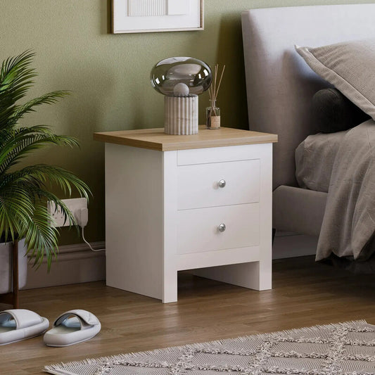 Vida Designs Furniture Bedroom Bedside Table Arlington 2 Drawers White/Oak Effect Elegant Wooden Storage Cabinet