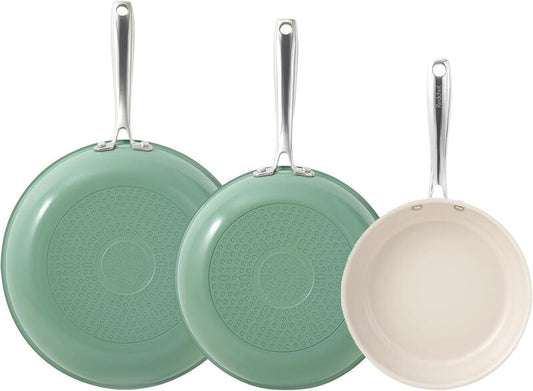 Redchef Gemstone Aluminum II Series 3-Piece Ceramic Frying Pan Set, Green Exterior & Brown Interior