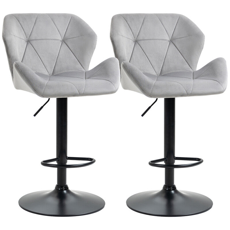 HOMCOM Bar Stools: Set of 2 Adjustable Height Quilted Geometric Velvet Upholstered Stools in Grey/Black