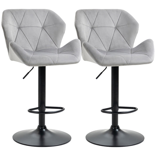 HOMCOM Bar Stools: Set of 2 Adjustable Height Quilted Geometric Velvet Upholstered Stools in Grey/Black