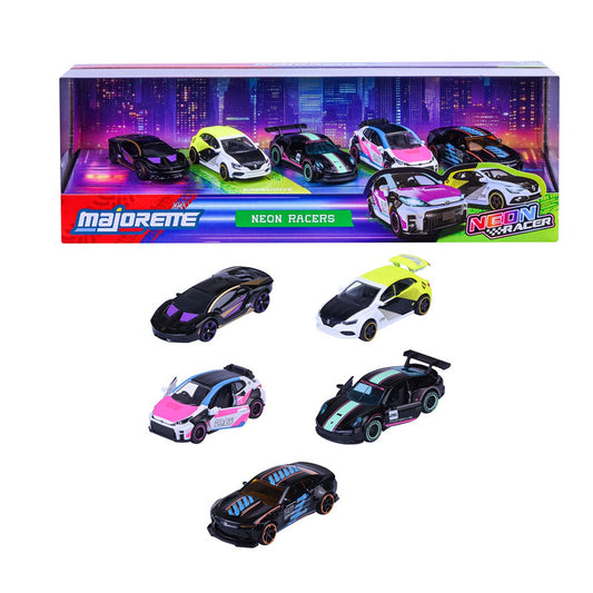 Majorette Neon Racers 1:64 Die-Cast Metal 5 Car Gift Set， Black with Neon Accents
