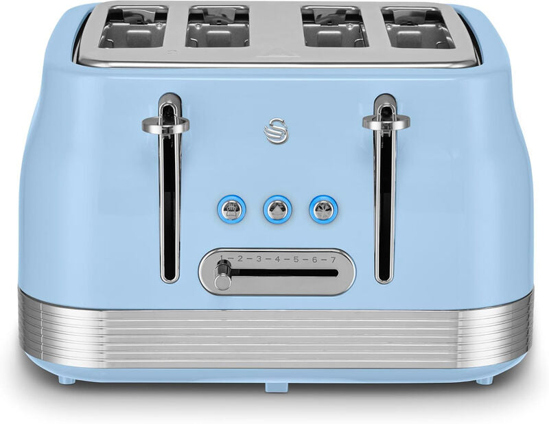 Swan Retro 4 Slice Toaster in Blue & Chrome | Cord Storage | Variable Width Slots | 1860W | Coated Stainless Steel - ST19029BLU