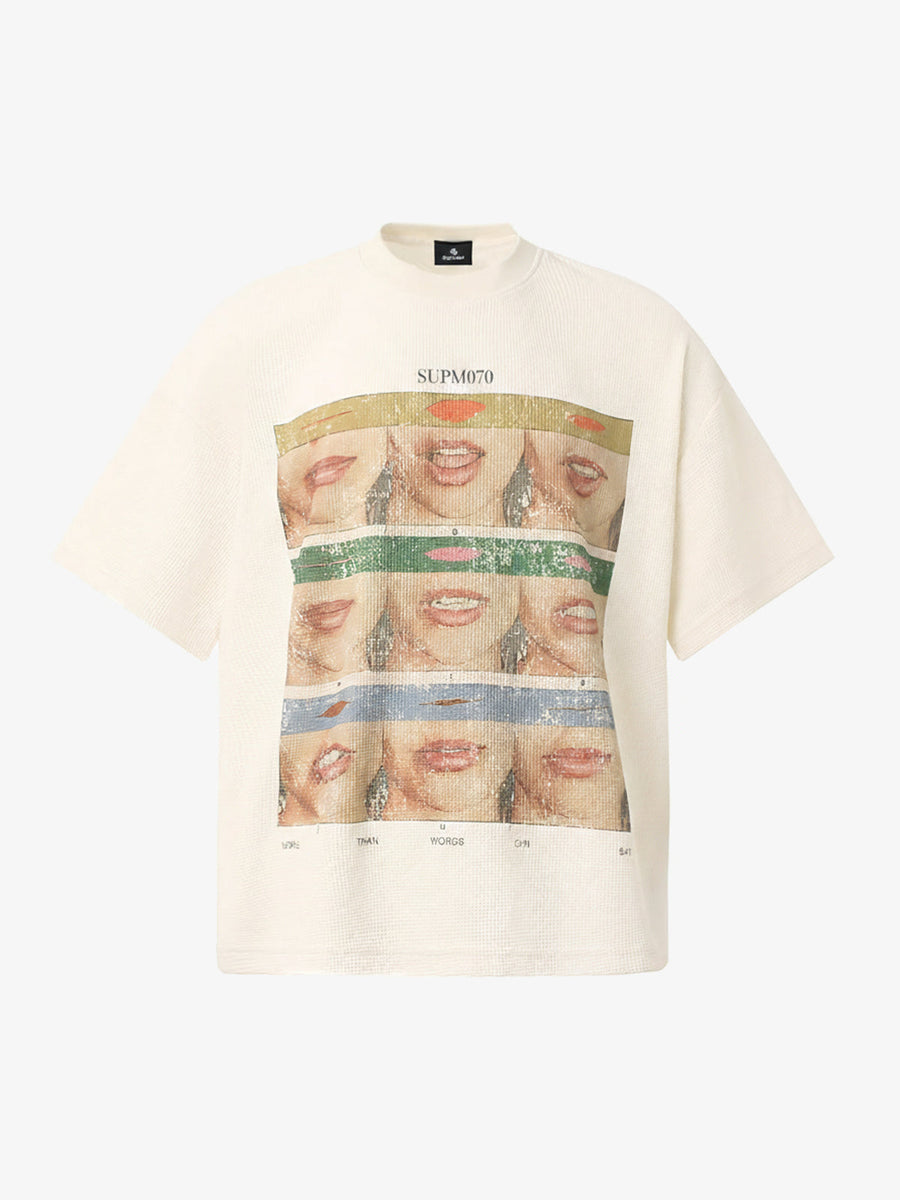 Pop Art Lip Print Graphic T-Shirt - Apricot / M