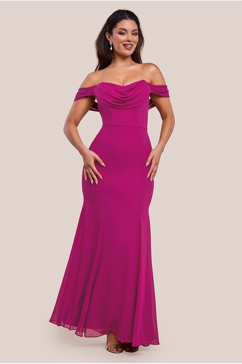 Chiffon Bardot Cowl Neck Maxi Dress - Magenta by Goddiva