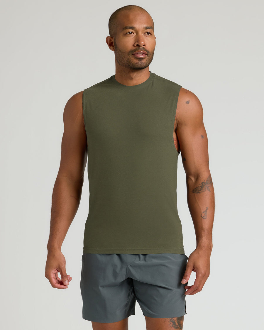 True Classic Military Green Sleeveless Active Muscle T-Shirt | Small