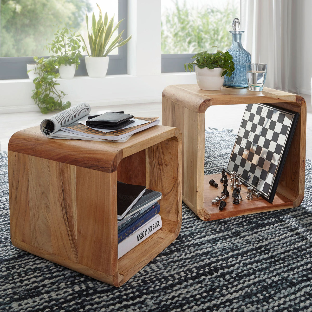FineBuy 2er Set Satztisch Massivholz Design Couchtisch Akazie 2 Tische, Würfelregal-Set Braun, Wohnzimmertisch Massiv, Beistelltische Holz Landhaus St