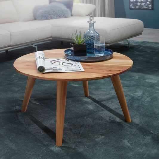 FineBuy Couchtisch Akazie Massivholz rund 75 cm · Wohnzimmertisch im skandinavischen Retro Design · Handgefertigter Holztisch mit konischen Beinen aus