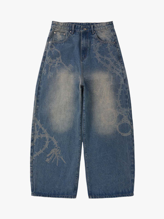 Original Retro Thorn and Key Pattern Laser-Burnout Baggy Jeans - 2595 - Light Iron Blue / S