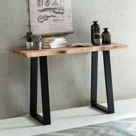 Massiver Konsolentisch GAYA 120 x 45 cm Akazie Massiv Holz Baumkante mit Metallbeinen, Schmaler Design Schreibtisch Baumstamm, MassivholzTisch Konsole