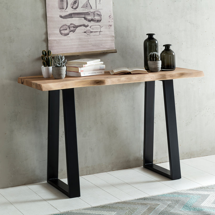 Massiver Konsolentisch GAYA 120 x 45 cm Akazie Massiv Holz Baumkante mit Metallbeinen, Schmaler Design Schreibtisch Baumstamm, MassivholzTisch Konsole