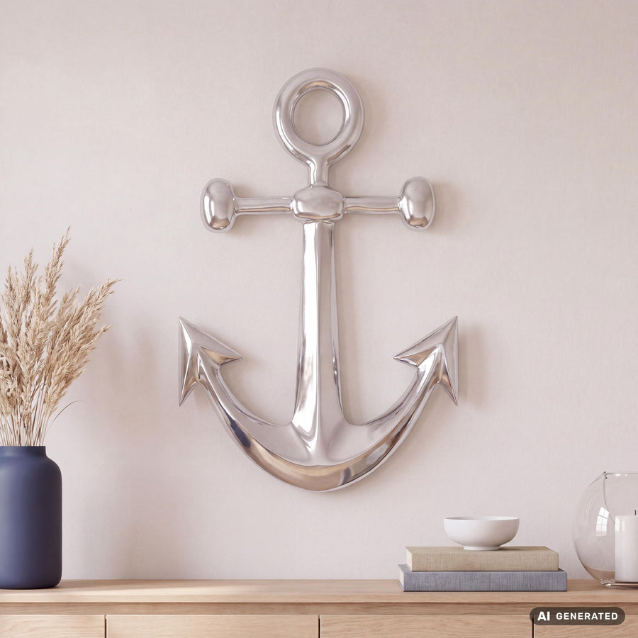 FineBuy Anker Wanddeko Aluminium 62x40 cm – Maritime Wanddekoration in Silber – Metall Deko Anker für Wohnzimmer Flur Badezimmer – Nautischer Wandanke