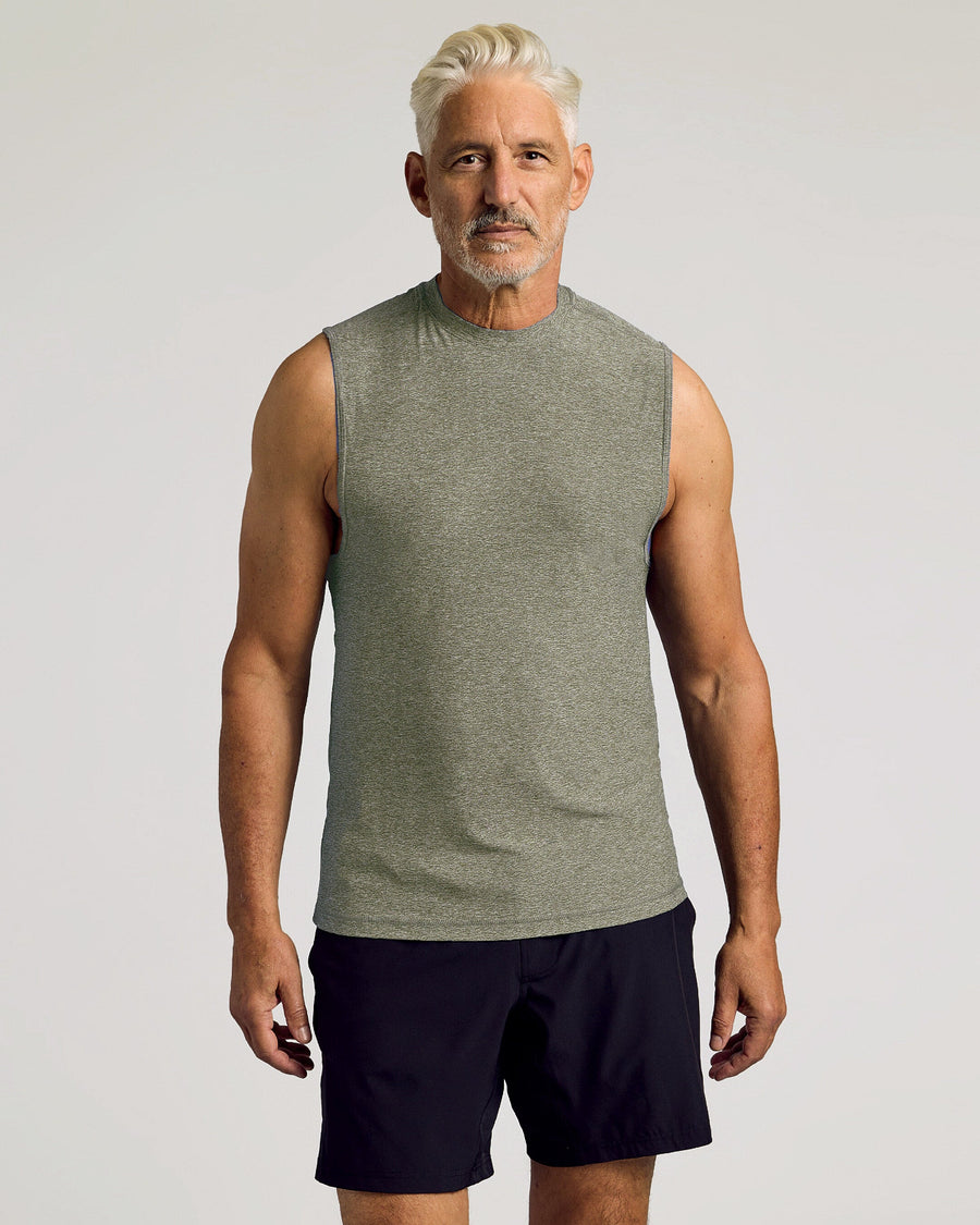 True Classic Heather Military Green Sleeveless Active Muscle T-Shirt | Small
