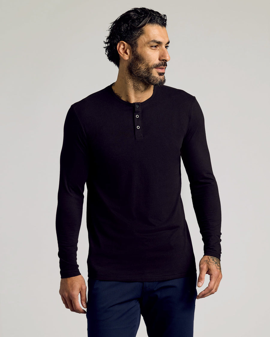 True Classic Black Tall Classic Long Sleeve Henley Shirt | Small