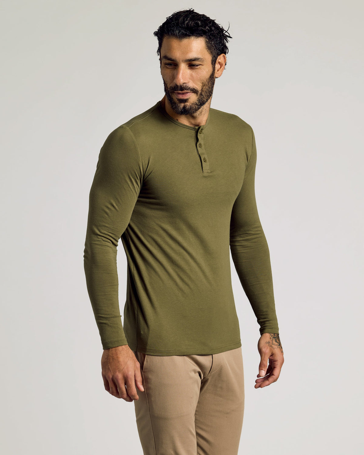 True Classic Military Green Tall Classic Long Sleeve Henley Shirt | Small
