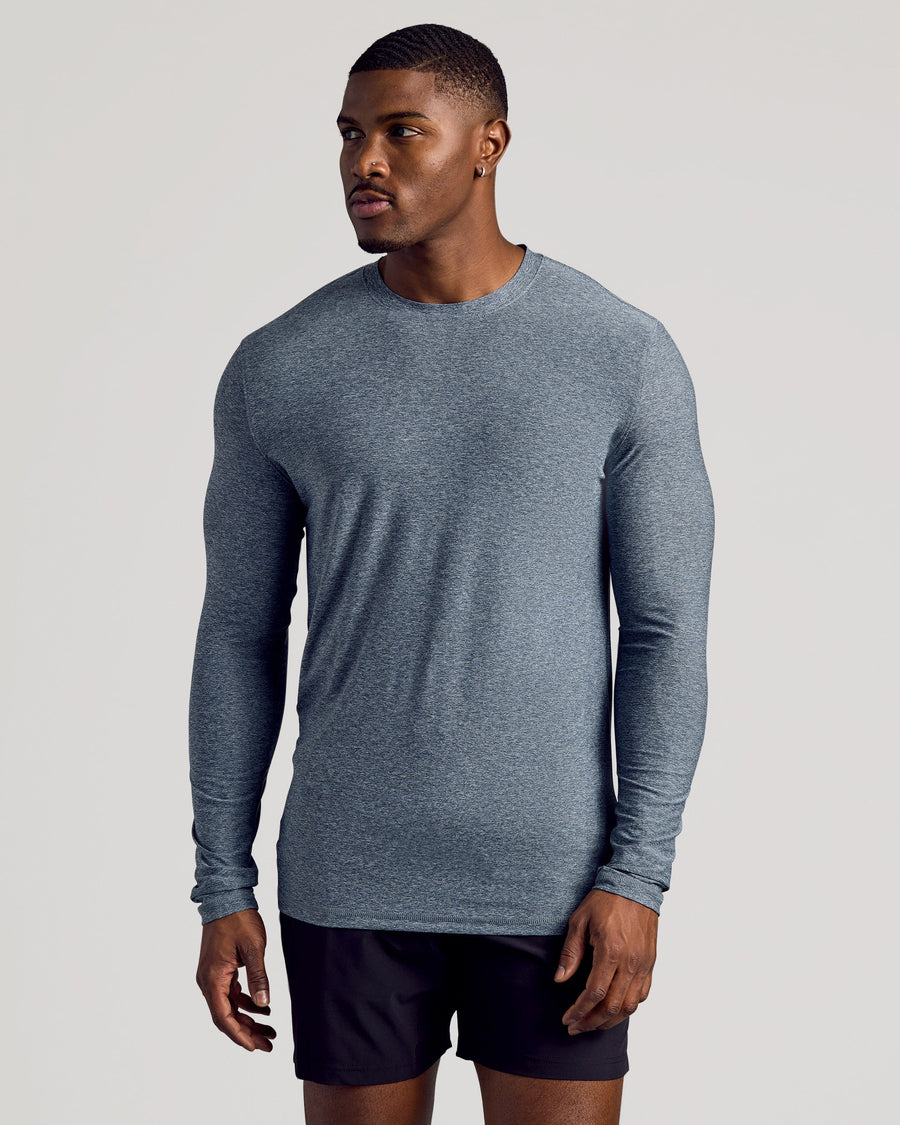 True Classic Heather Navy Blue Long Sleeve T-Shirt Tall Active Crew | Cotton Blend | Athletic Cut | 3XL