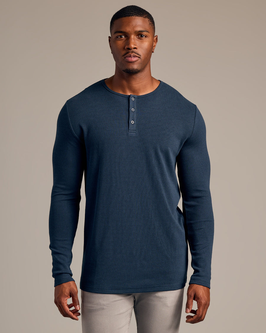 True Classic Navy Blue Tall Waffle Long Sleeve Henley Shirt | 3XL