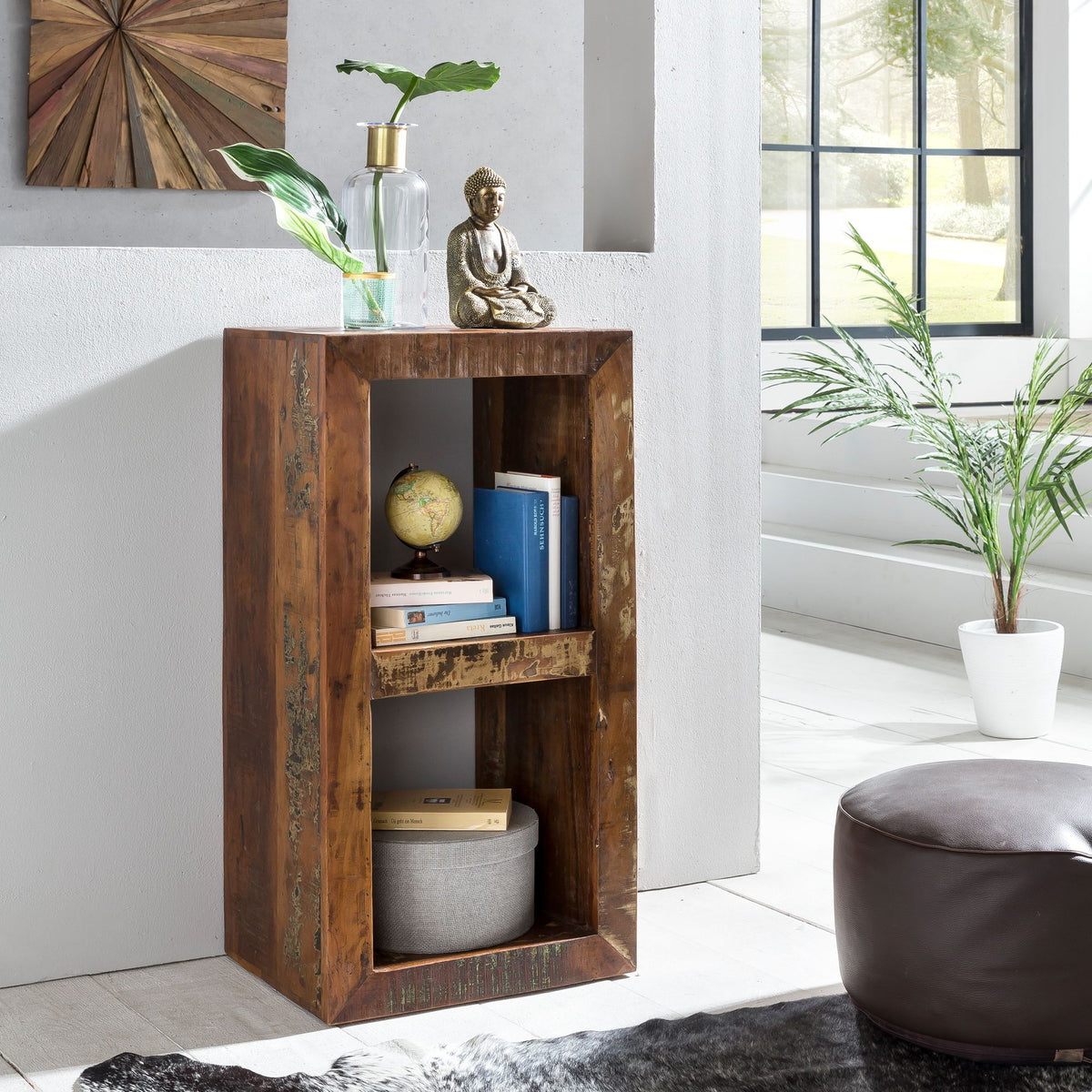 FineBuy Bücherregal KALKUTTA 45 x 35 x 90 cm, Massivholz Regal mit 2 Ebenen, Cube Beistelltisch Wohnzimmer, Standregal Shabby-Chic