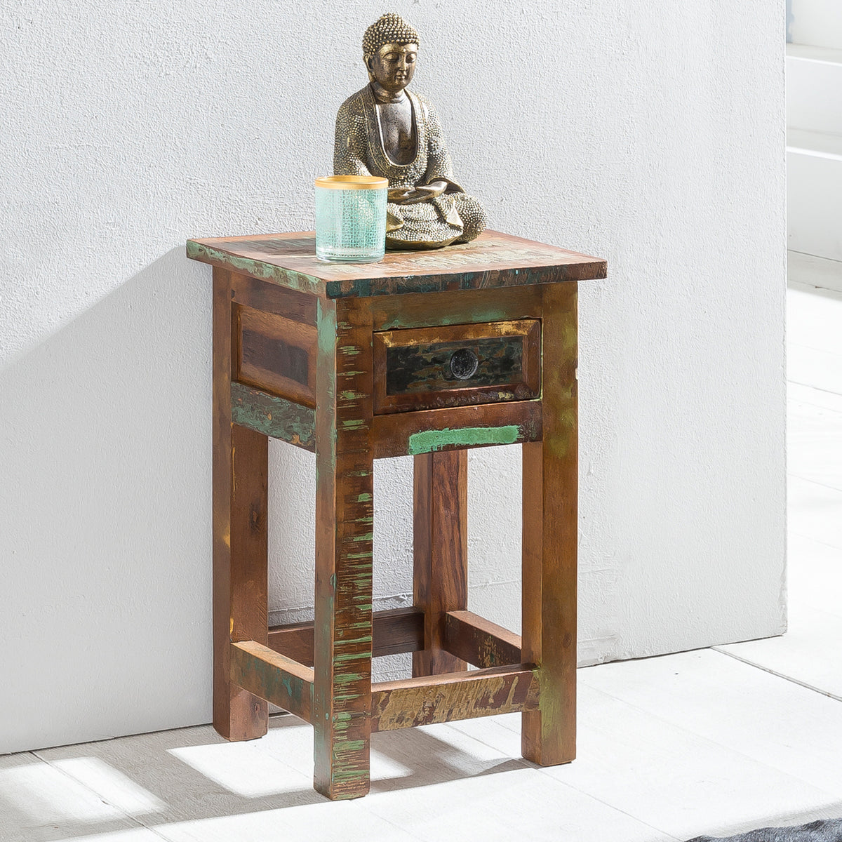 FineBuy Beistelltisch KALKUTTA 30 x 30 x 50 cm, Massivholz Nachtkonsole mit Schublade, Nachttisch Schlafzimmer aus Massiv Holz, Nachtkonsole - Anstell