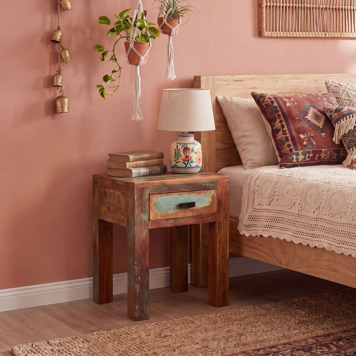 FineBuy Nachttisch KALKUTTA aus Mango Massivholz im Shabby Chic Design mit Schublade – kleiner Beistelltisch fürs Schlafzimmer oder Wohnzimmer, handge