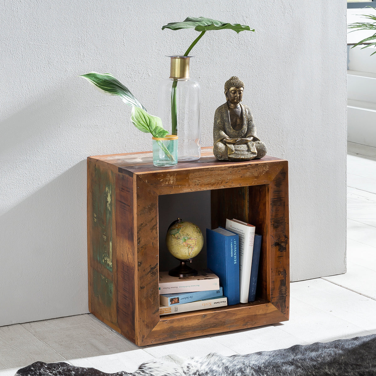 FineBuy Beistelltisch KALKUTTA 45 x 45 x 35 cm, Massivholz Cube Tisch für Wohnzimmer, Wohnzimmertisch mit Ablage, Nachttisch - Nachtkonsole - Nachtkäs