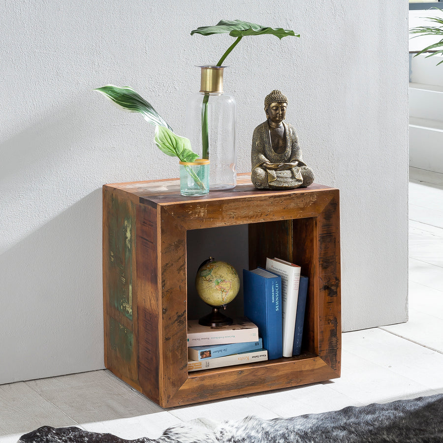 FineBuy Beistelltisch KALKUTTA 45 x 45 x 35 cm, Massivholz Cube Tisch für Wohnzimmer, Wohnzimmertisch mit Ablage, Nachttisch - Nachtkonsole - Nachtkäs