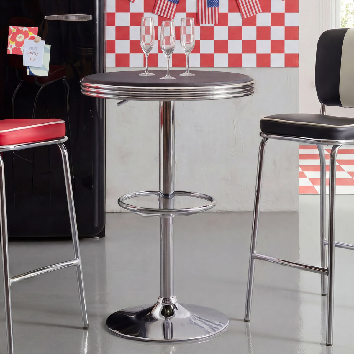 FineBuy American Diner Bartisch rund Ø 60 cm Aluminium Kunstlederbezug, Retro Stehtisch USA Schwarz/Silber, Robuster Bistrotisch 50er Jahre, Partytisc