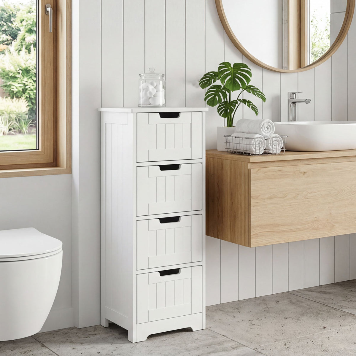 FineBuy Design Badschrank Landhaus-Stil MDF-Holz 30 x 83 x 30 cm weiß, Badezimmerschrank klein 4 Schubladen, Beistellschrank Mehrzweckschrank