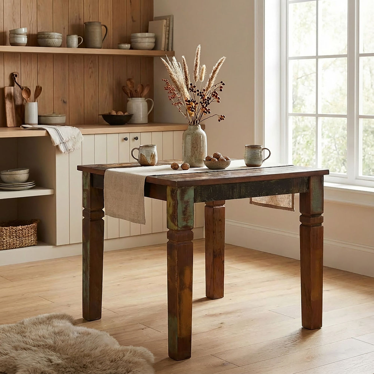 FineBuy Esstisch quadratisch 80 cm Mango Massivholz – Quadratischer Shabby Chic Tisch im Bootsholz Design, Landhaus Esszimmertisch massiv, Küchentisch