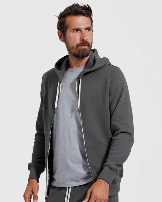 True Classic Carbon Gray Fleece French Terry Zip Hoodie | Cotton Blend | Athletic Cut | Small