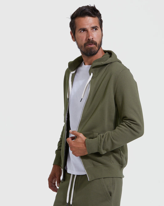 True Classic Military Green Fleece French Terry Zip Hoodie | Cotton Blend | Athletic Cut | Small