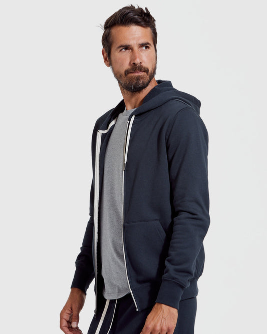 True Classic Navy Blue Fleece French Terry Zip Hoodie | Cotton Blend | Athletic Cut | Small