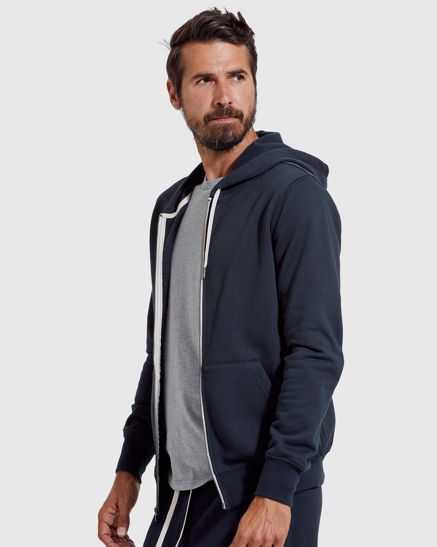 True Classic Navy Blue Fleece French Terry Zip Hoodie | Cotton Blend | Athletic Cut | Small