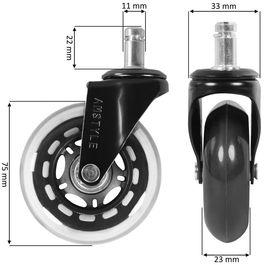 FineBuy 5er-Set Universal Bürostuhlrollen Ø 75mm - Stift 11mm Gummi Rollen Leise, Hartboden Rollen, Parkett, Laminat, Fliesen, Premium Hartbodenrollen