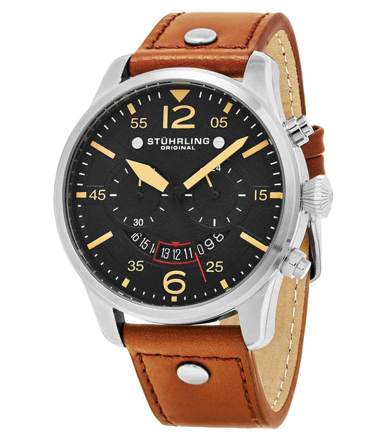 Stührling Anhedral 473 Quartz 44mm Aviator - Black Dial / Silver Case / Brown Leather Strap Tang Buckle