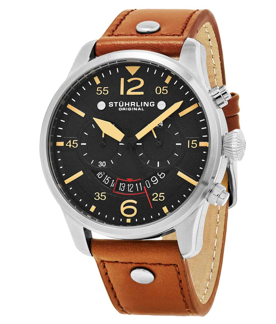 Stührling Anhedral 473 Quartz 44mm Aviator - Black Dial / Silver Case / Brown Leather Strap Tang Buckle