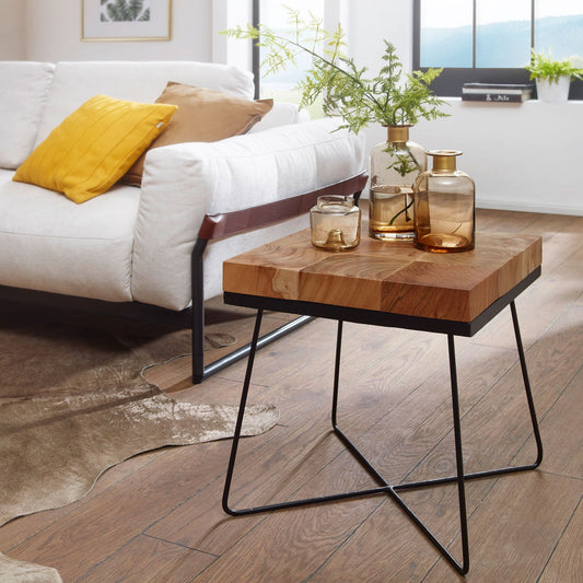 FineBuy Beistelltisch 45 x 45 x 51 cm Akazie Massivholz mit Metallgestell, Industrial Anstelltisch Quadratisch Massiv Holz Tisch Braun, Wohnzimmertisc