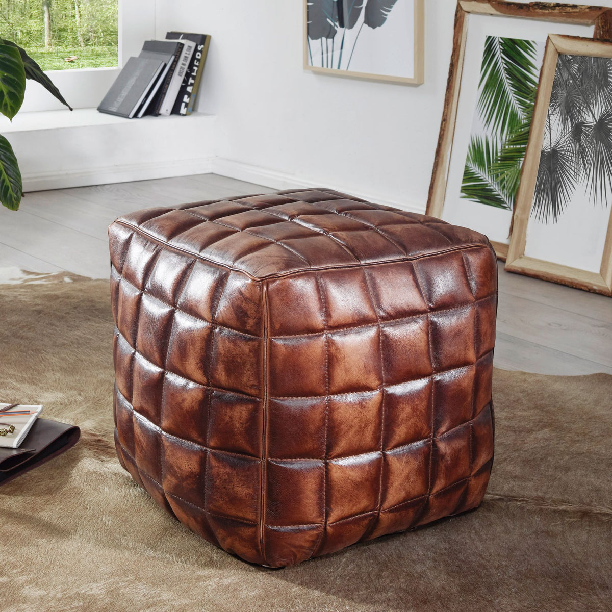 FineBuy Sitzwürfel Echtleder braun 39 x 41 x 39 cm Ottomane Wohnzimmer, Design Pouf Hocker orientalisch, Polster Sitzhocker edel, Orient Beinablage So