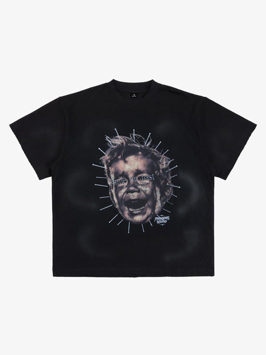 Street Retro Fun Portrait Print T-shirt - 2598 - Black / M