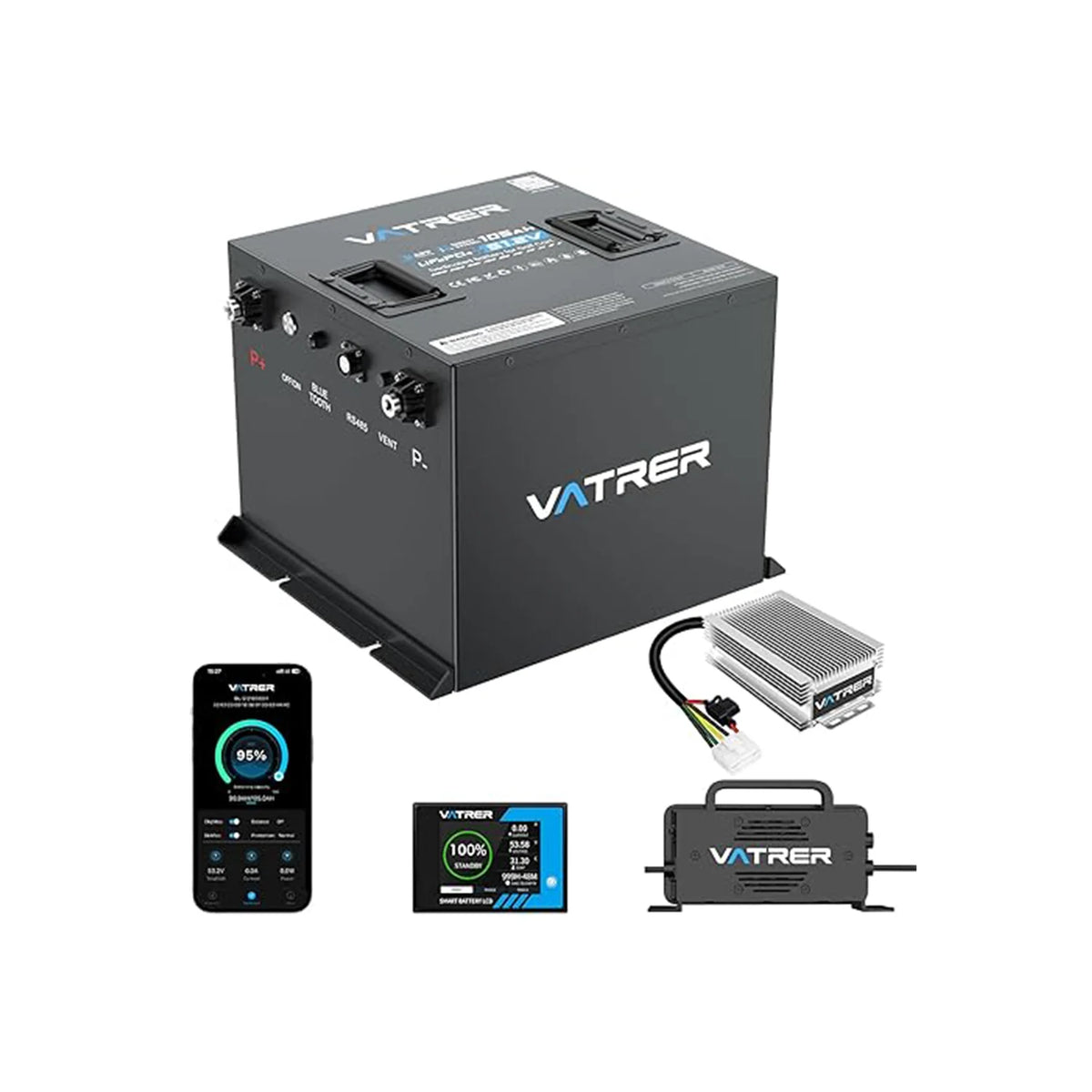 Vatrer 48V 105Ah Mini Lithium Golf Cart Battery for Tight - 1 Pack Lithium Battery+1*58.4V 18A Charger+1*48V TO 12V Converter+1*LCD Screen+Others