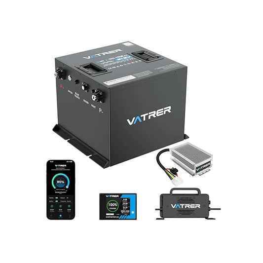 Vatrer 48V 105Ah Mini Lithium Golf Cart Battery for Tight - 1 Pack Lithium Battery+1*58.4V 18A Charger+1*48V TO 12V Converter+1*LCD Screen+Others