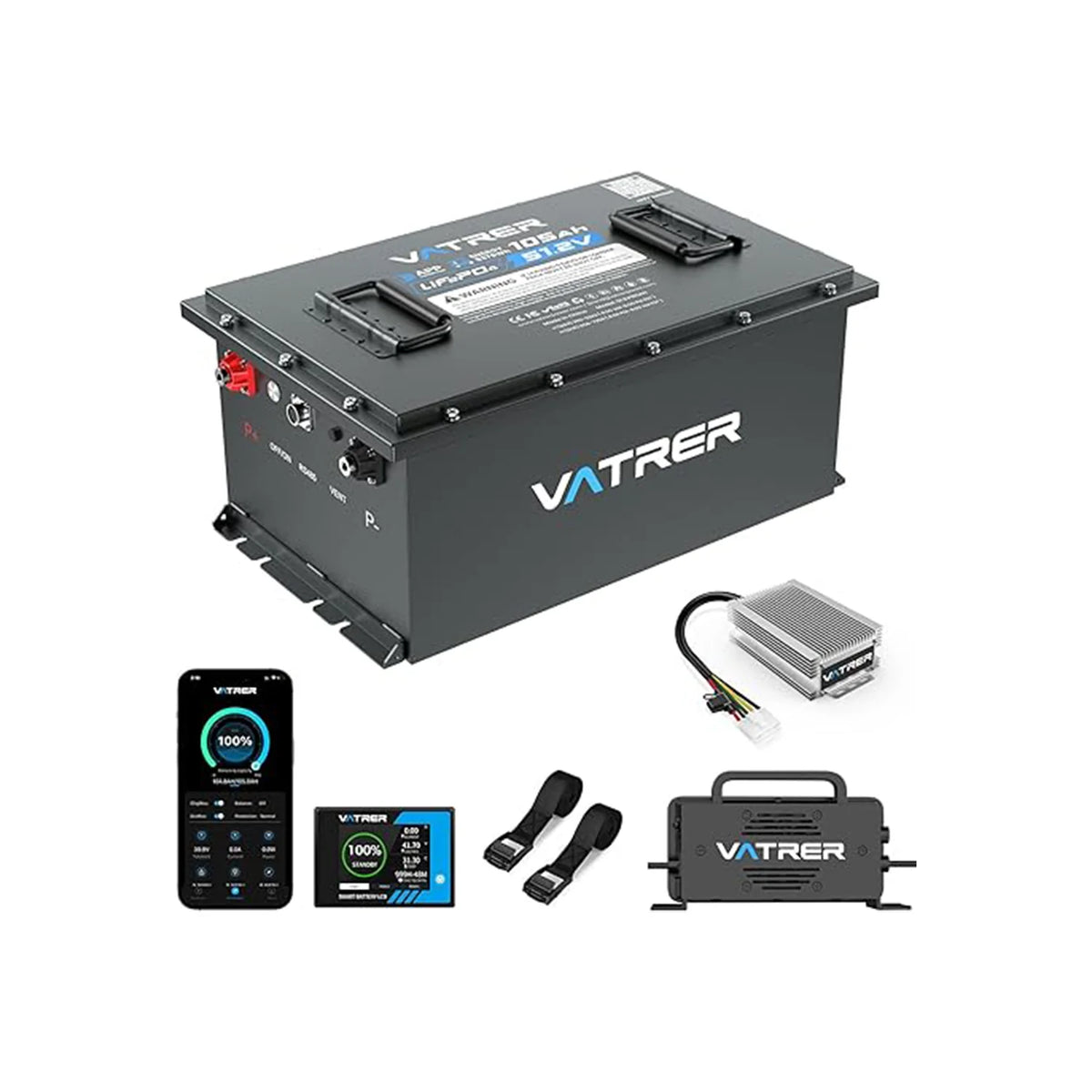 【UL 2271】 Vatrer 48V 105Ah Lithium - 1 Pack Lithium Battery+1*58.4V 18A Charger+1*48V TO 12V Converter+1*LCD Screen+1*Fixed Strap+Others / 1 PACK