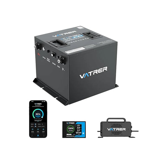 Vatrer 48V 105Ah Mini Lithium Golf Cart Battery for Tight Battery Compartments - 1 Pack Lithium Battery+1*58.4V 18A Charger+1*LCD Screen+Others
