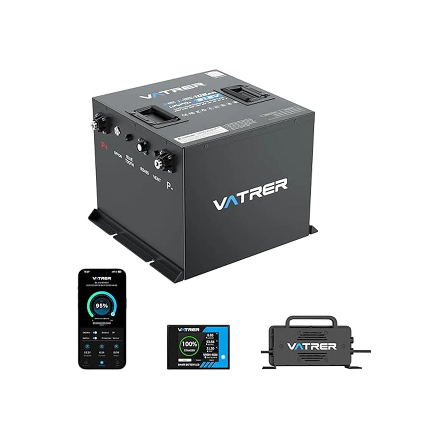 Vatrer 48V 105Ah Mini Lithium Golf Cart Battery for Tight Battery Compartments - 1 Pack Lithium Battery+1*58.4V 18A Charger+1*LCD Screen+Others
