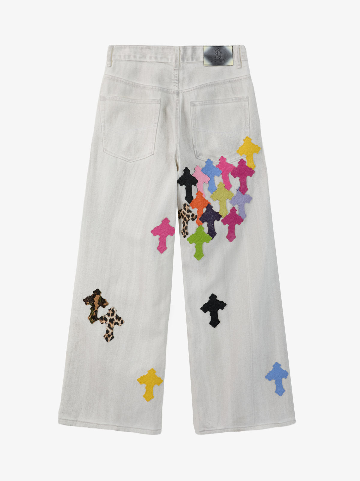 Colorful Cross Patch Straight Leg with Detachable Chain Jeans - White / M