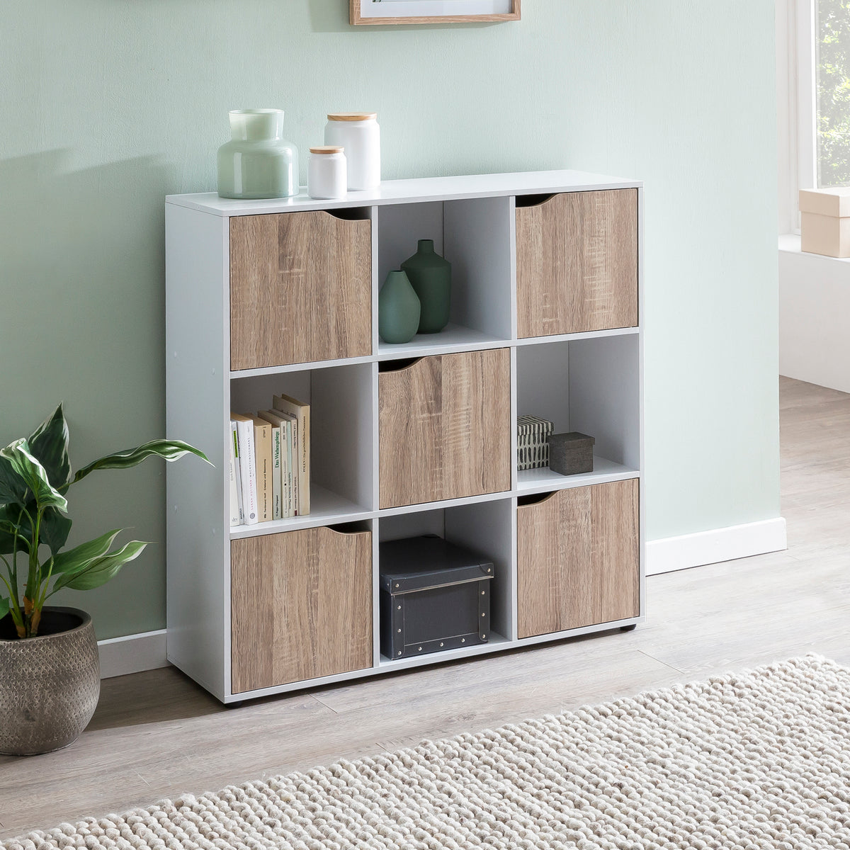 FineBuy Standregal MASSA 89 x 91 x 29 cm Bücherregal mit 9 Fächern Sonoma, Sideboard mit 5 Türen, Modernes Würfelregal Raumteiler, Flurschrank offen, 