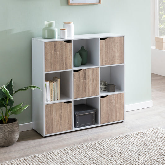 FineBuy Standregal MASSA 89 x 91 x 29 cm Bücherregal mit 9 Fächern Sonoma, Sideboard mit 5 Türen, Modernes Würfelregal Raumteiler, Flurschrank offen, 