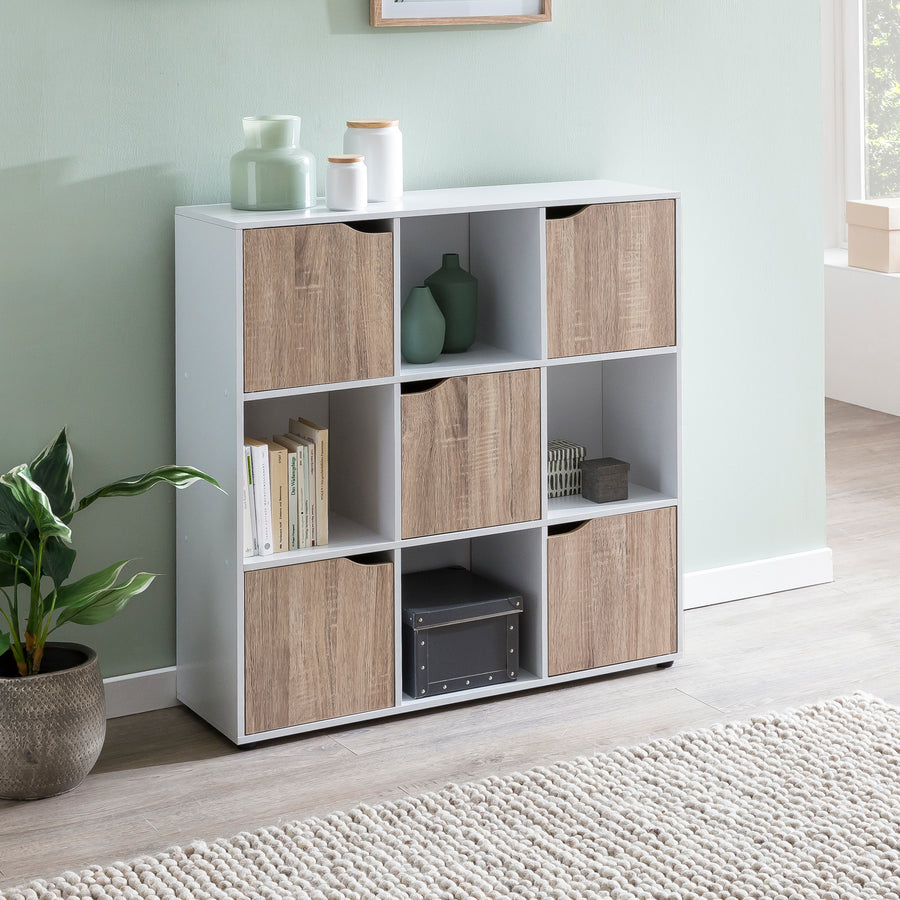 FineBuy Standregal MASSA 89 x 91 x 29 cm Bücherregal mit 9 Fächern Sonoma, Sideboard mit 5 Türen, Modernes Würfelregal Raumteiler, Flurschrank offen, 