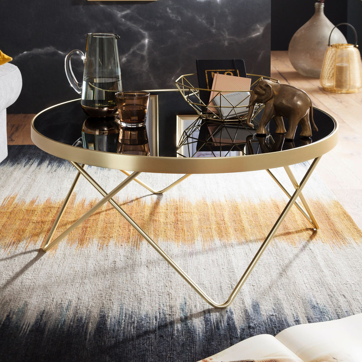 FineBuy Design Couchtisch Ø 82 cm Schwarz Gold Beistelltisch Metall / Glas, Tisch mit Glasplatte, Ablagetisch modern, Großer Wohnzimmertisch, Glastisc